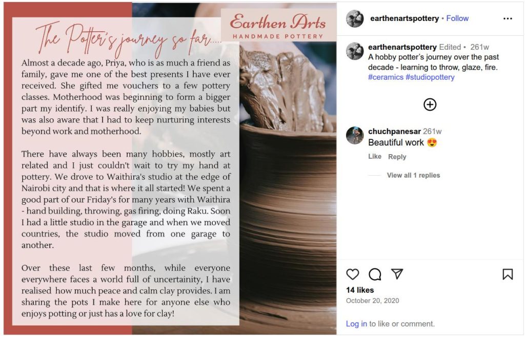 Earthen Arts Pottery instgram post about Waithira